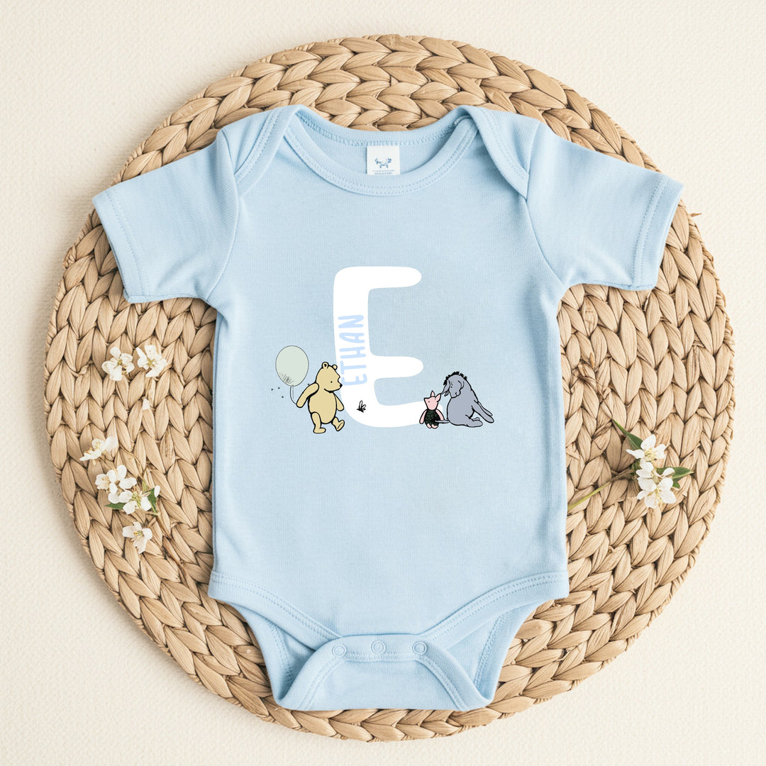 Personalised Pooh Bear Initial Blue Babygrow/Vest