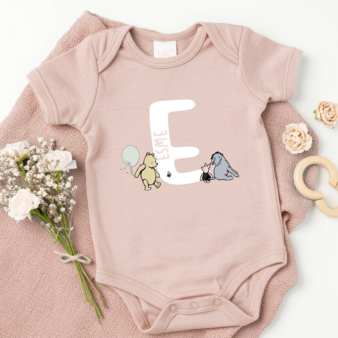 Personalised Pooh Bear Initial Pink Babygrow With Optional Matching Acessories