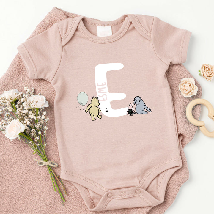 Personalised Pooh Bear Initial Pink Babygrow With Optional Matching Acessories