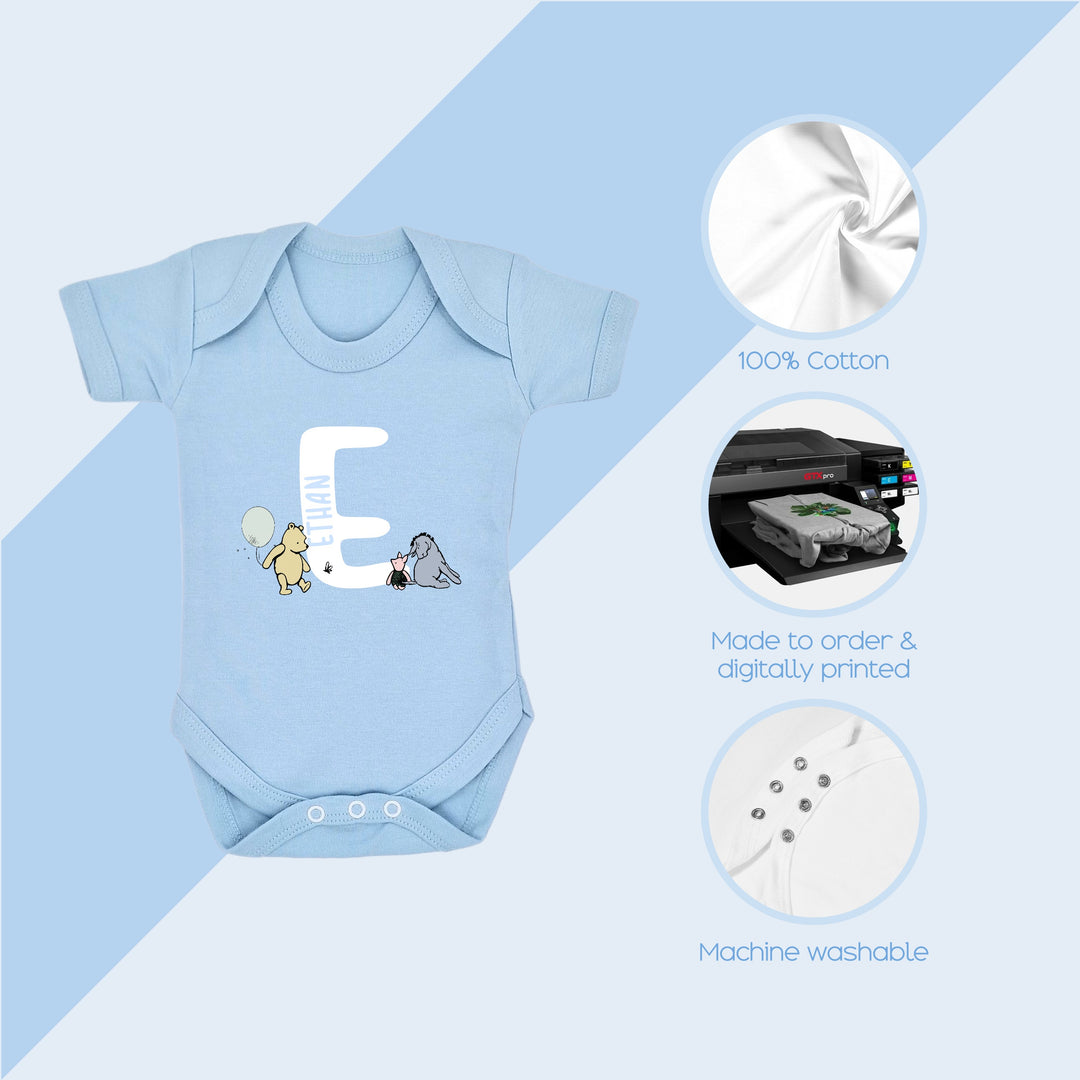 Personalised Pooh Bear Initial Blue Babygrow/Vest