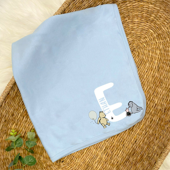 Personalised White Winnie the Pooh Initial Blue Babygrow Optional Blanket or Hat