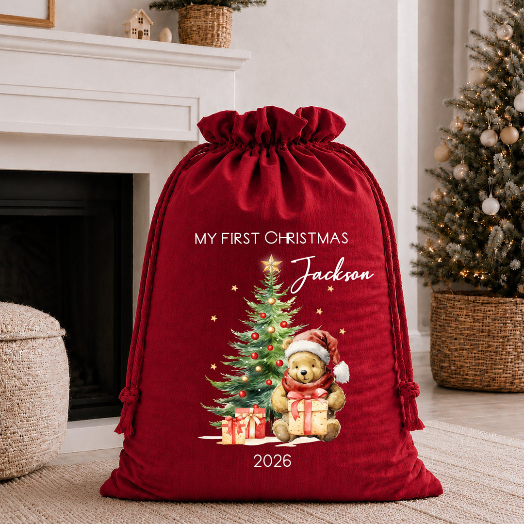 Personalised Pooh Bear My First Christmas Tree Stocking or Santa Sack