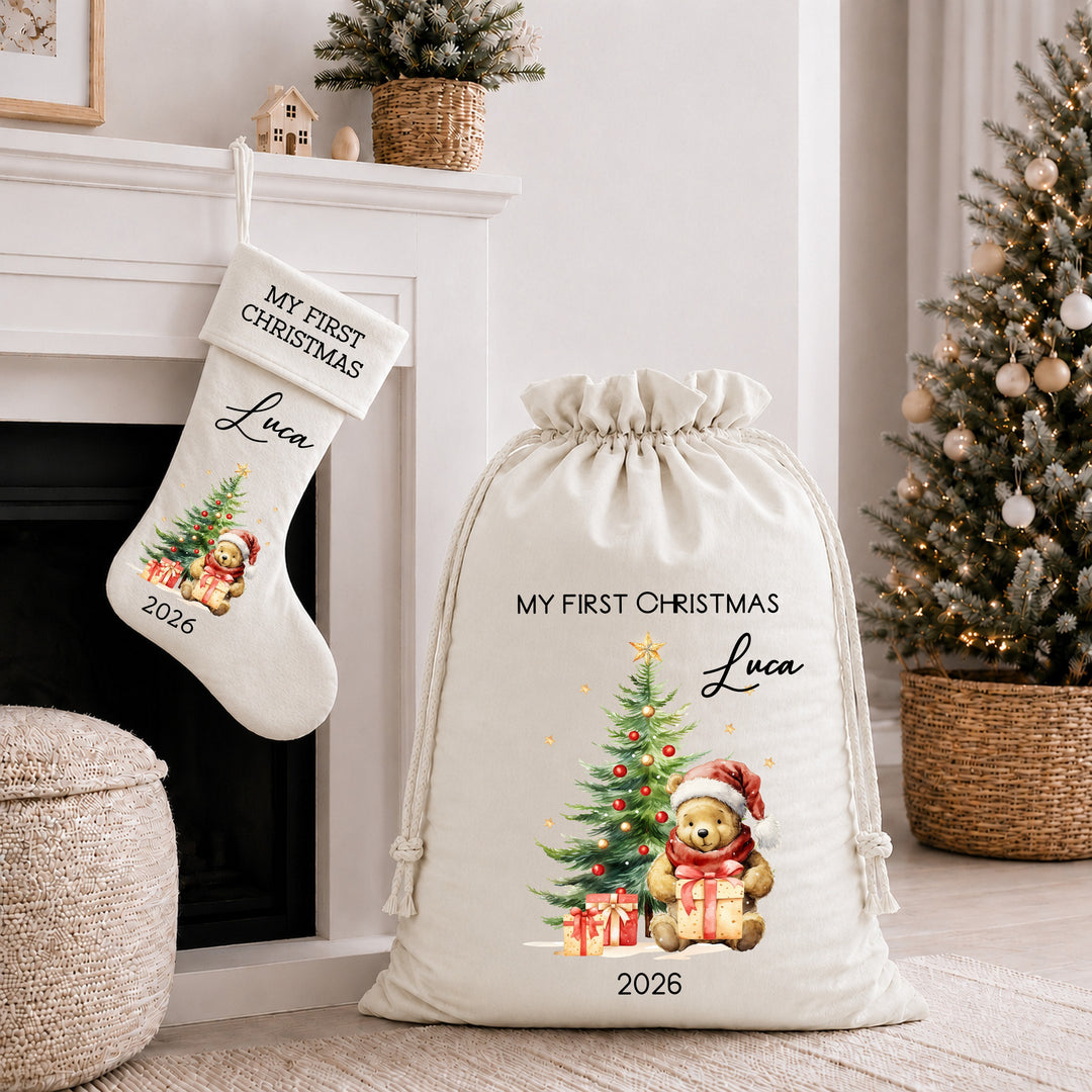 Personalised Pooh Bear My First Christmas Tree Stocking or Santa Sack