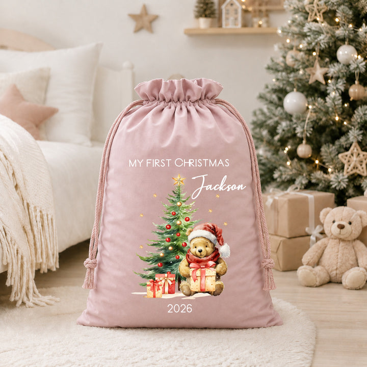 Personalised Pooh Bear My First Christmas Tree Stocking or Santa Sack