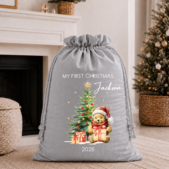 Personalised Pooh Bear My First Christmas Tree Stocking or Santa Sack