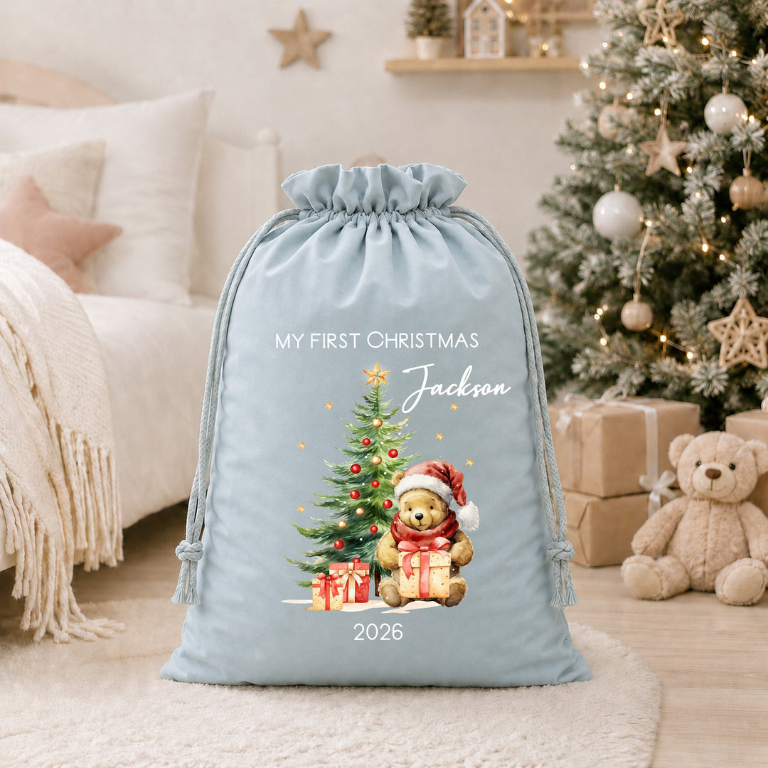 Personalised Pooh Bear My First Christmas Tree Stocking or Santa Sack