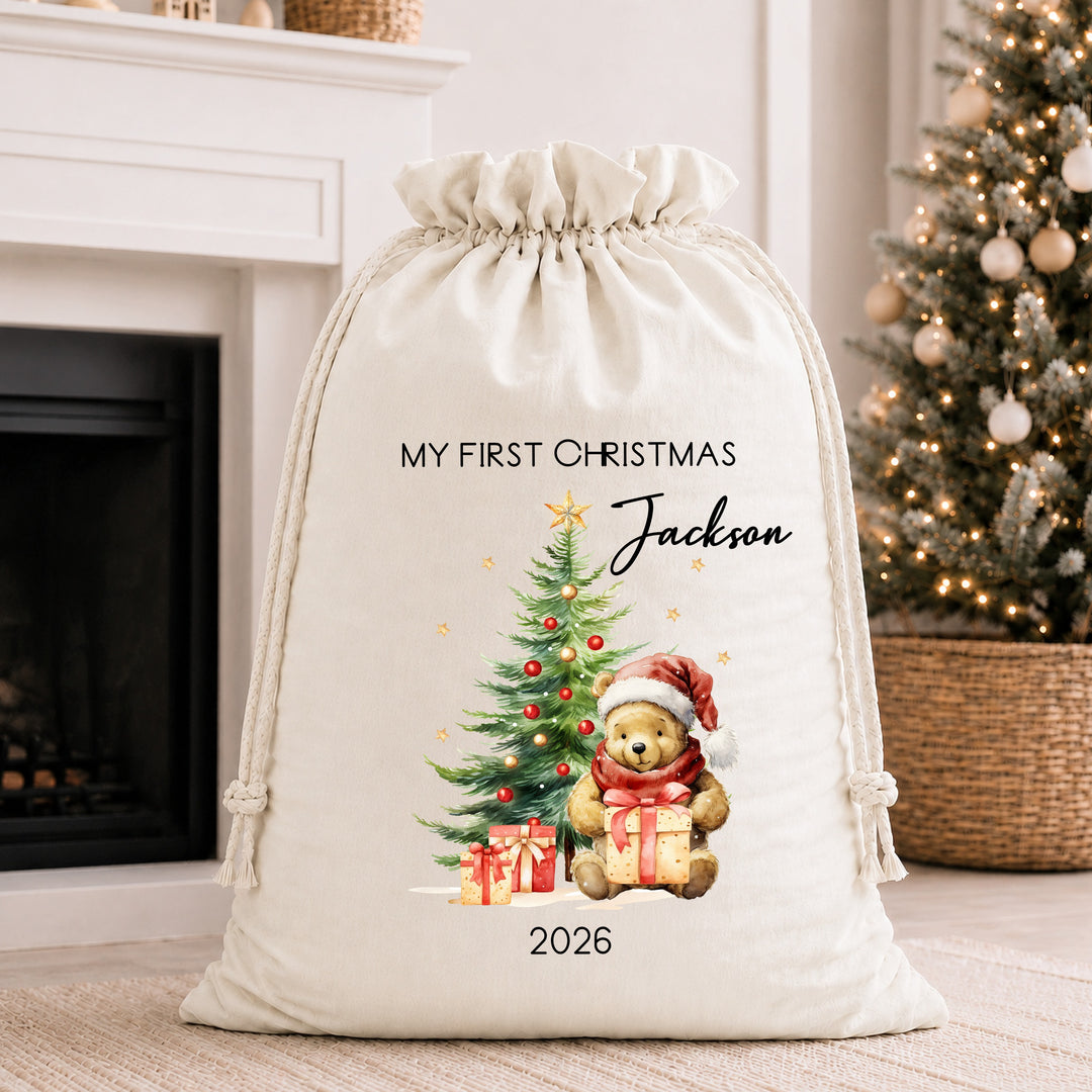 Personalised Pooh Bear My First Christmas Tree Stocking or Santa Sack