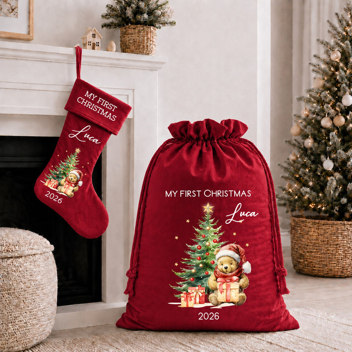 Personalised Pooh Bear My First Christmas Tree Stocking or Santa Sack