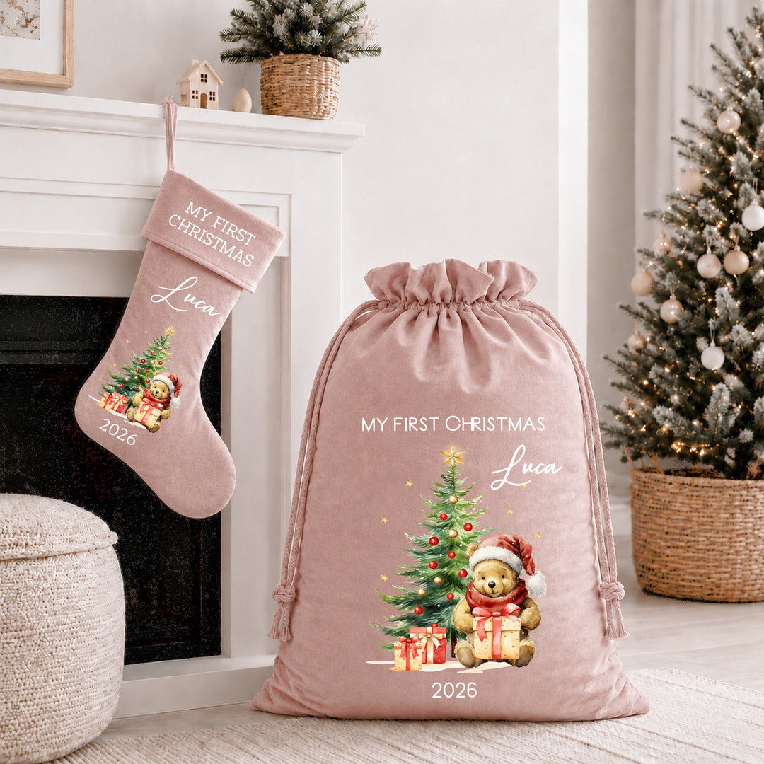 Personalised Pooh Bear My First Christmas Tree Stocking or Santa Sack