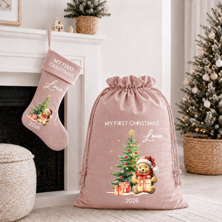Personalised Pooh Bear My First Christmas Tree Stocking or Santa Sack