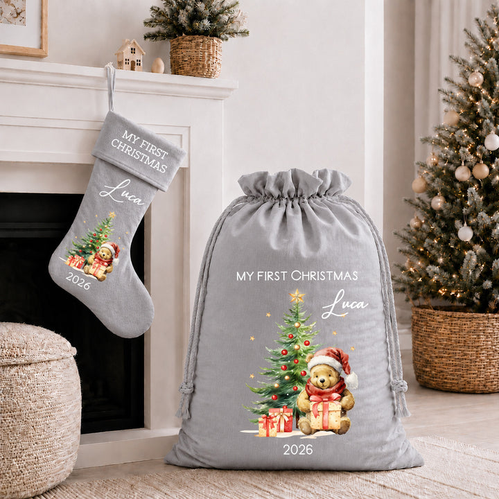 Personalised Pooh Bear My First Christmas Tree Stocking or Santa Sack