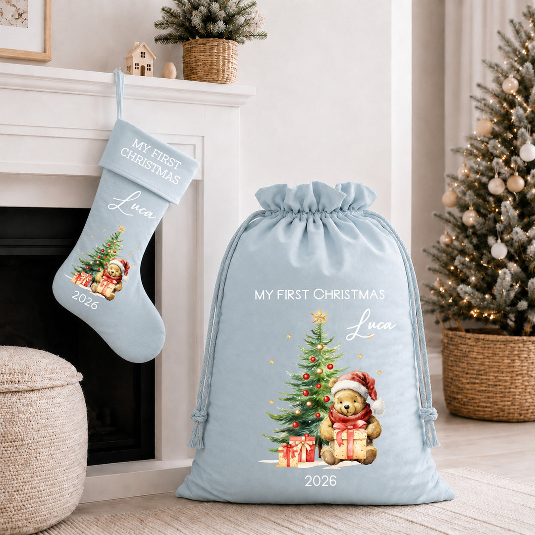 Personalised Pooh Bear My First Christmas Tree Stocking or Santa Sack