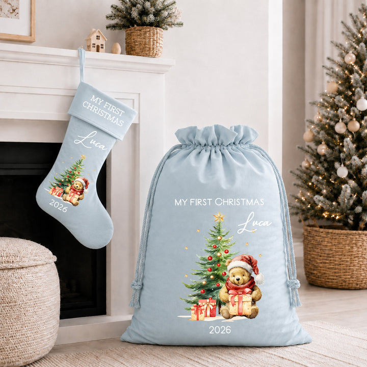 Personalised Pooh Bear My First Christmas Tree Stocking or Santa Sack