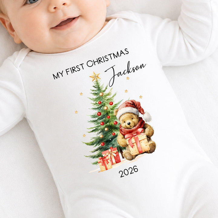 Personalised Pooh Bear My First Christmas Baby Grow, Vest or Bib
