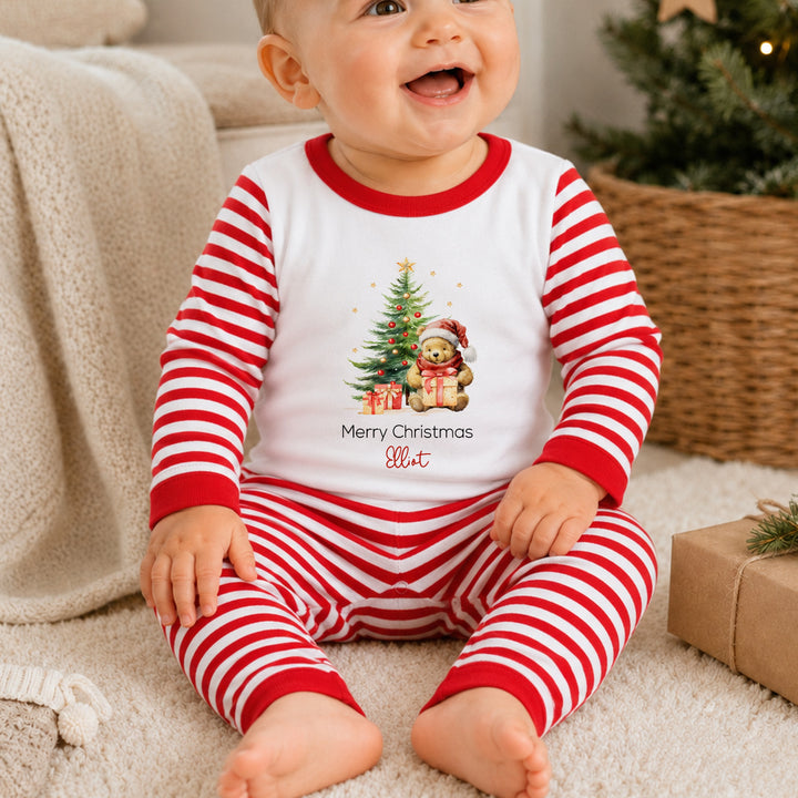 Personalised Pooh Bear Christmas Tree Red Striped Pyjamas