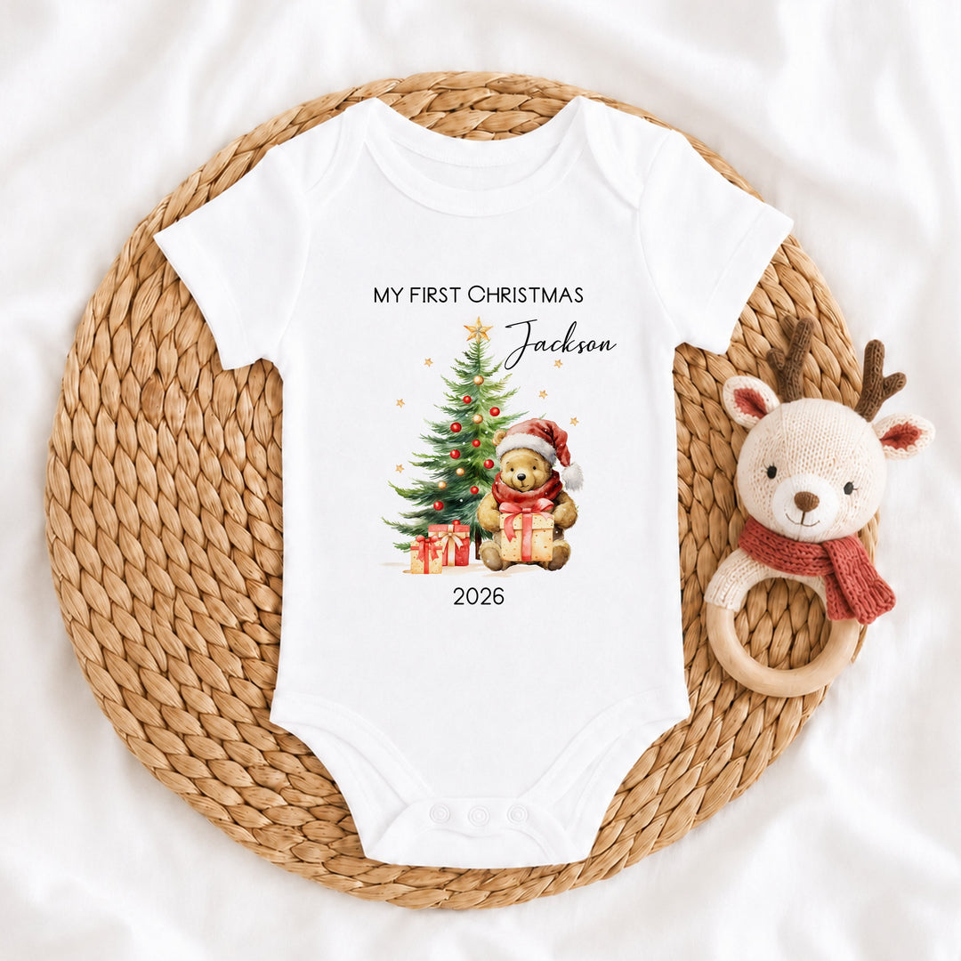 Personalised Pooh Bear My First Christmas Baby Grow, Vest or Bib