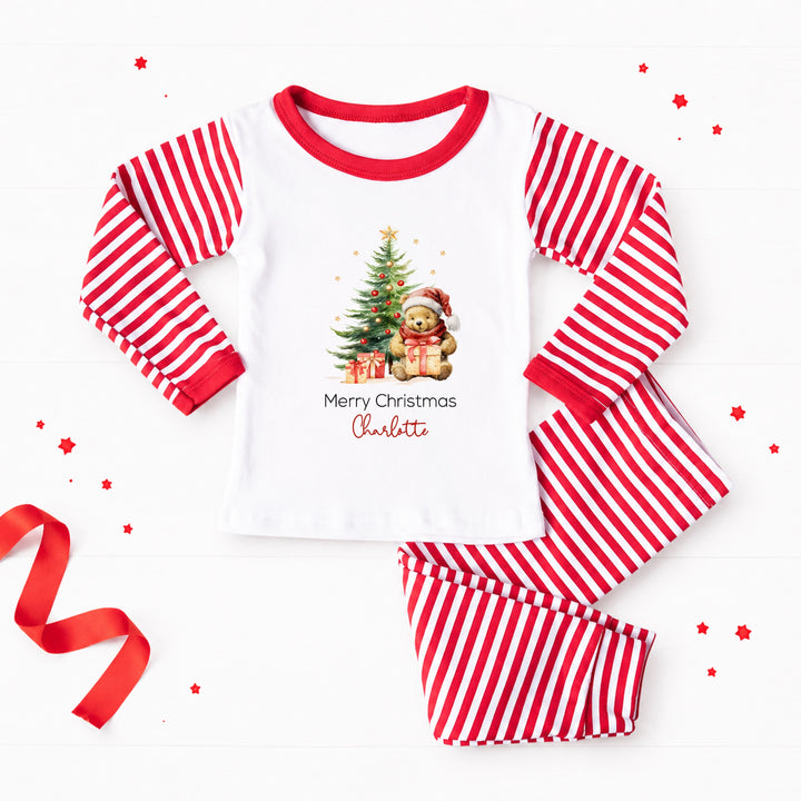 Personalised Pooh Bear Christmas Tree Red Striped Pyjamas