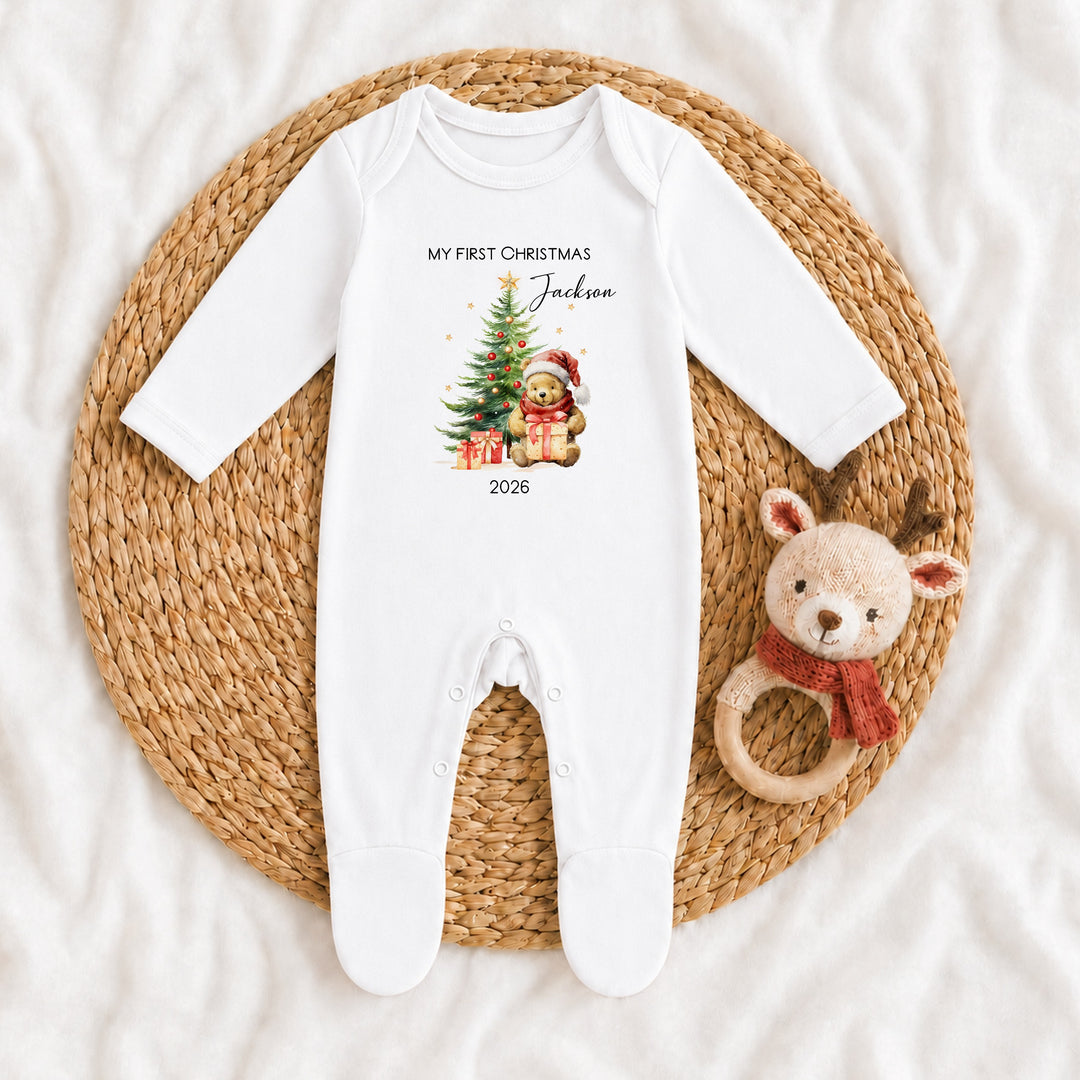 Personalised Pooh Bear My First Christmas Baby Grow, Vest or Bib