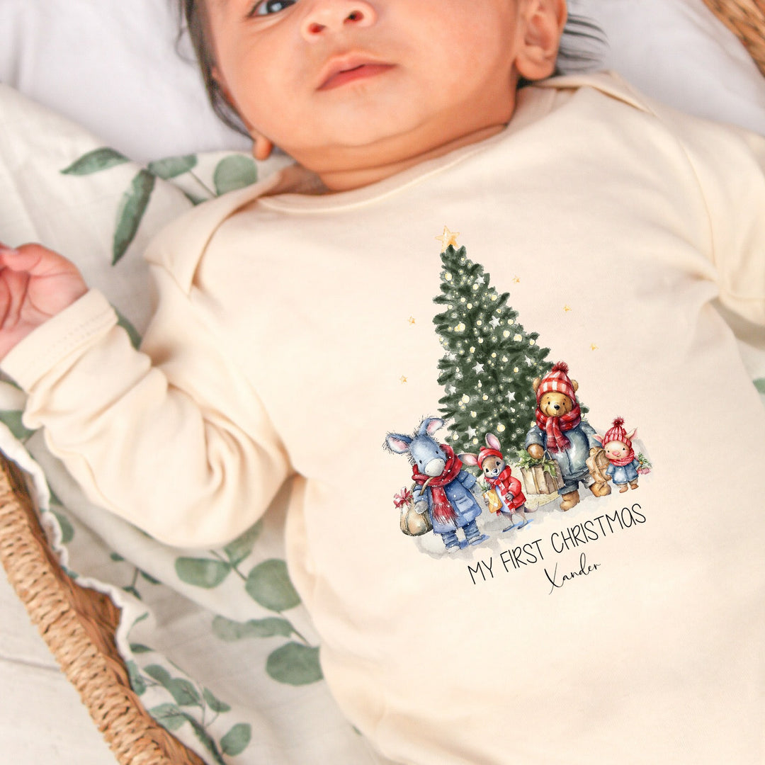 Christmas Winnie Pooh First Christmas Personalised Red/Beige/White Babygrow