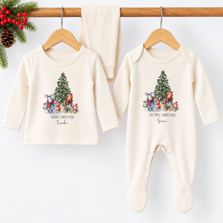 Personalised Pooh Bear Christmas Scene Sibling Matching Pyjama or Baby Grow