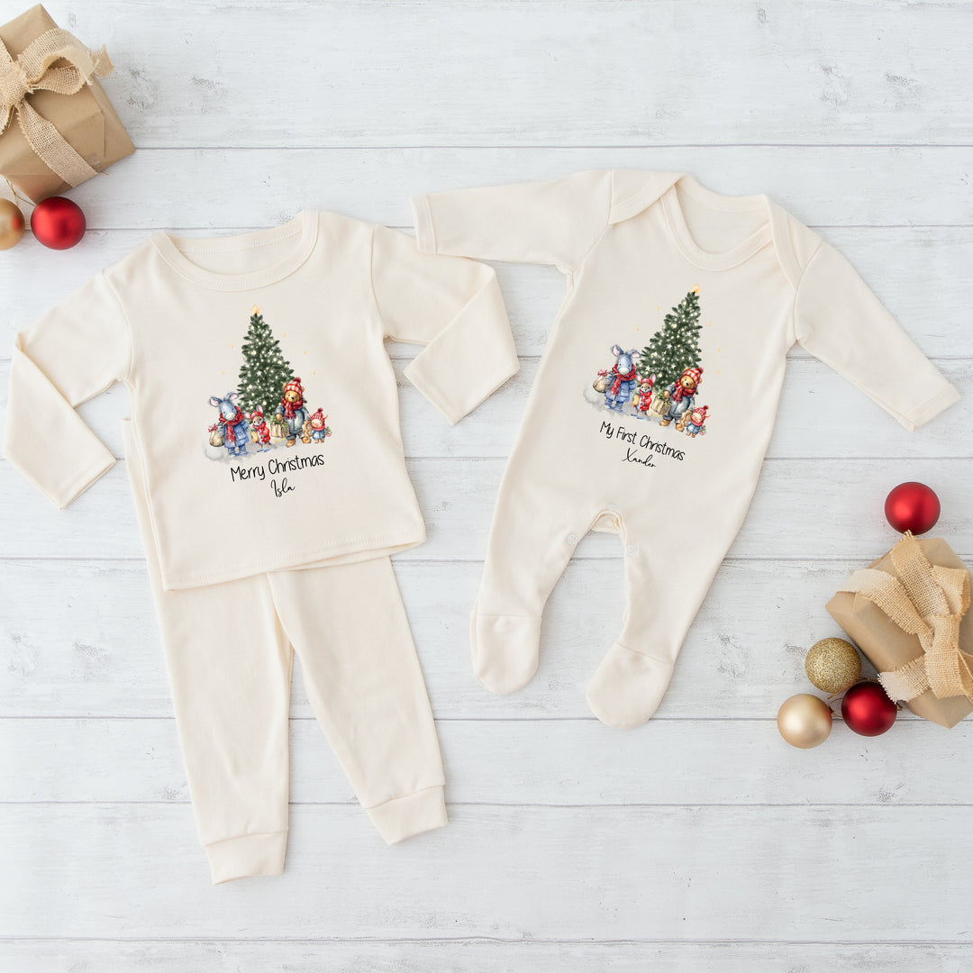 Personalised Pooh Bear Christmas Scene Sibling Matching Pyjama/Babygrow