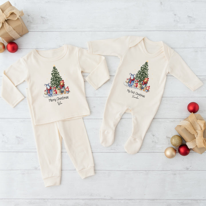 Personalised Pooh Bear Christmas Scene Sibling Matching Pyjama/Babygrow