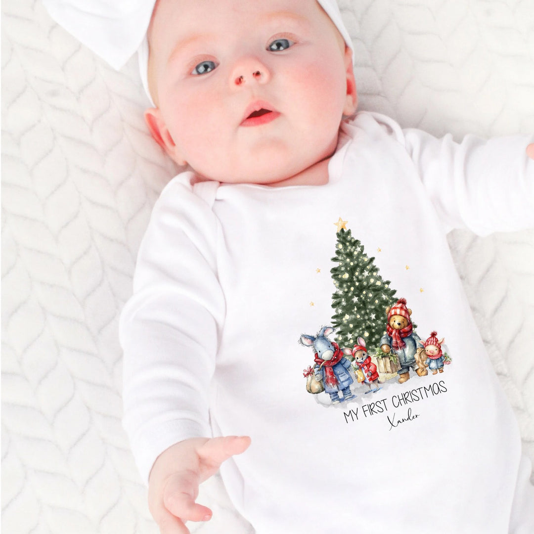 Christmas Winnie Pooh First Christmas Personalised Red/Beige/White Babygrow