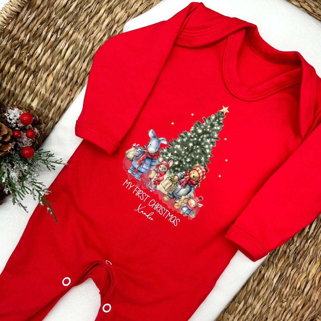 Christmas Winnie Pooh First Christmas Personalised Red/Beige/White Babygrow