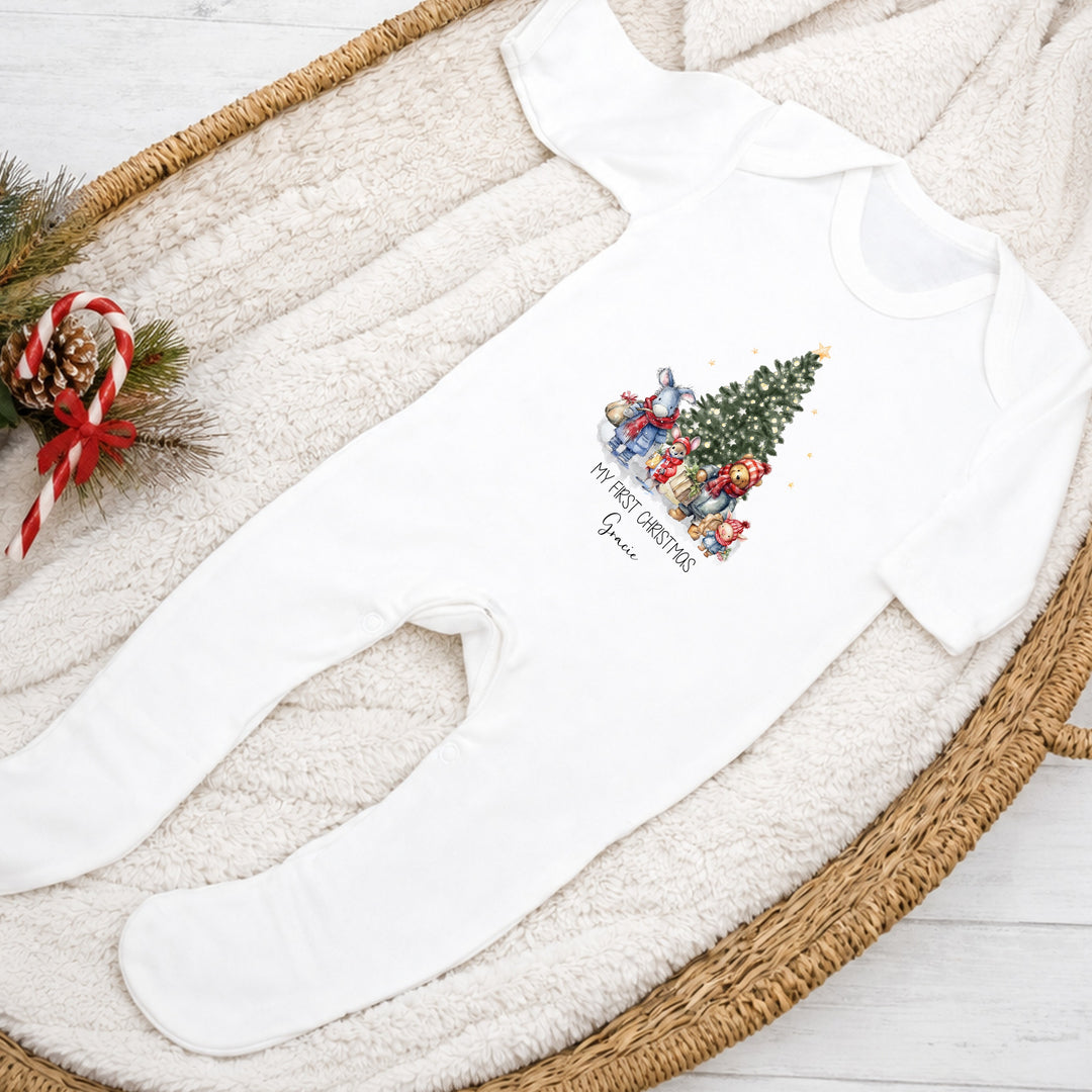 Personalised Pooh Bear Tree My First Christmas Baby Grow