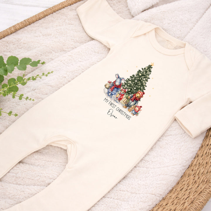 Personalised Pooh Bear Tree My First Christmas Baby Grow