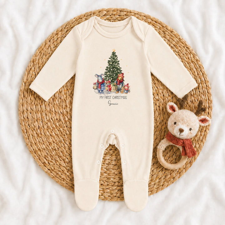 Personalised Pooh Bear Tree My First Christmas Baby Grow
