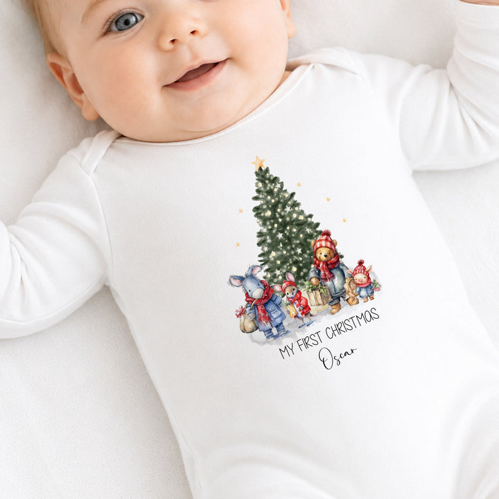 Personalised Pooh Bear Tree My First Christmas Baby Grow