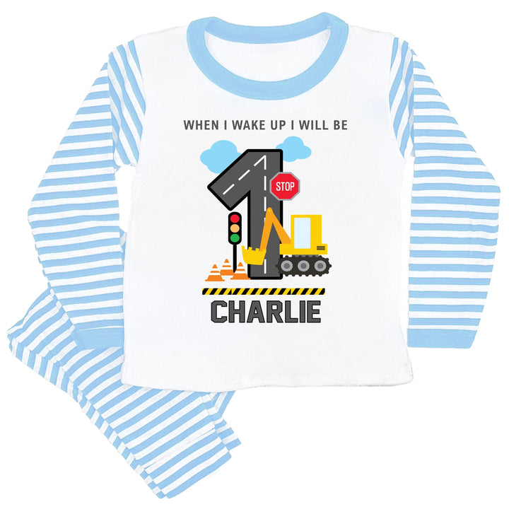 Personalised When I Wake Digger Boys Birthday Pyjamas Blue Stripe