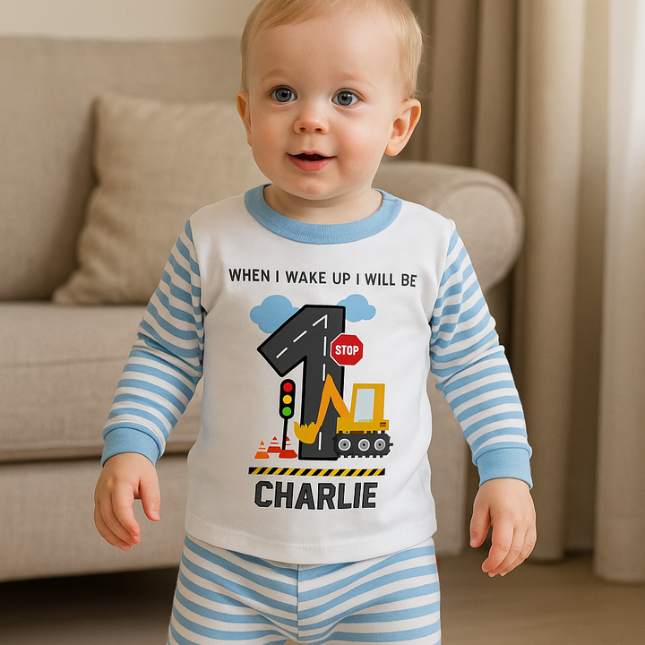 Personalised When I Wake Digger Boys Birthday Pyjamas Blue Stripe
