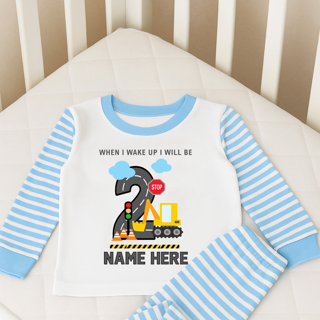Personalised When I Wake Digger Boys Birthday Pyjamas Blue Stripe