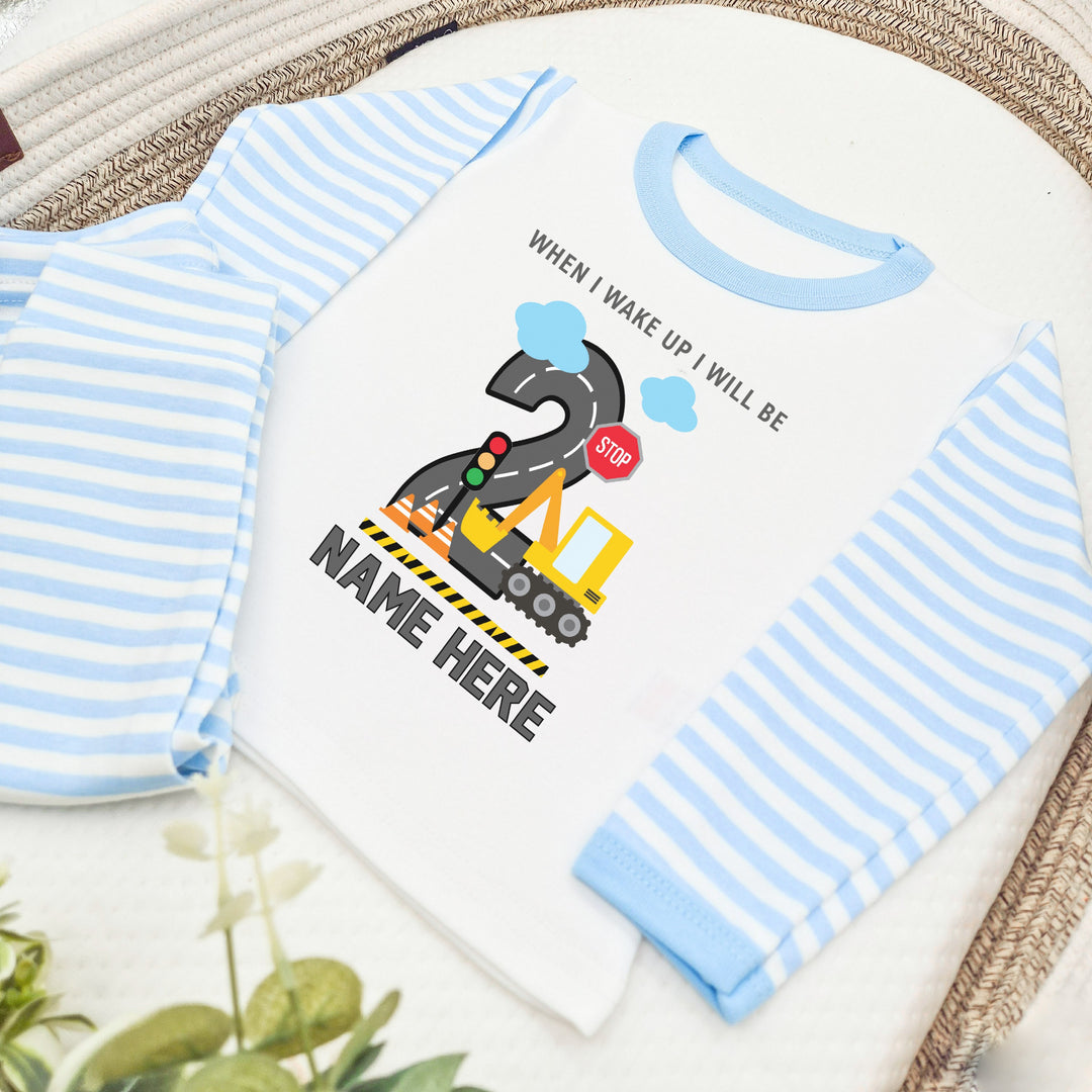 Personalised When I Wake Digger Boys Birthday Pyjamas Blue Stripe