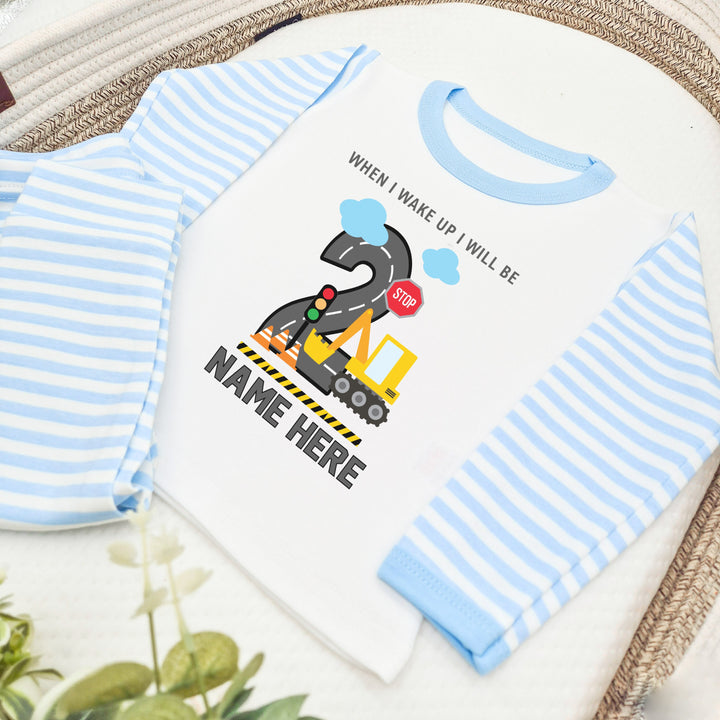 Personalised When I Wake Digger Boys Birthday Pyjamas Blue Stripe