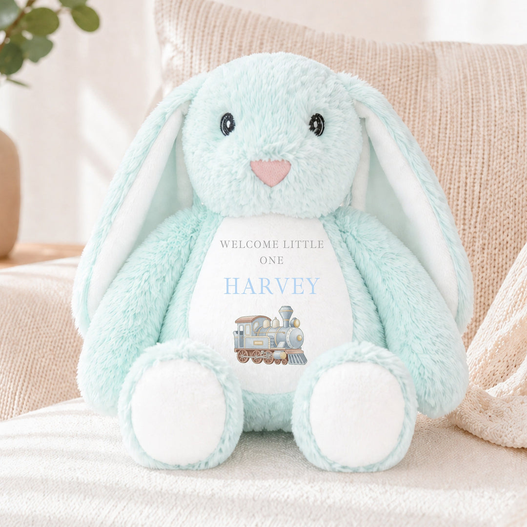 Personalised Blue Train Hello World Soft Toy