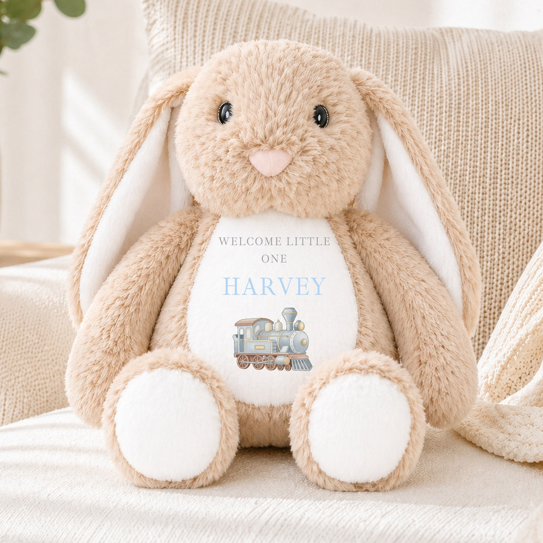Personalised Blue Train Hello World Soft Toy
