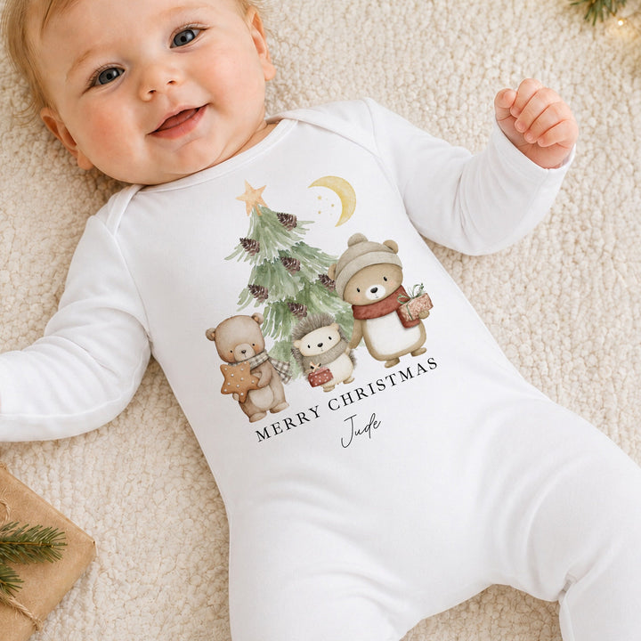 Personalised Woodland Animals Merry Christmas Baby Grow Or Vest