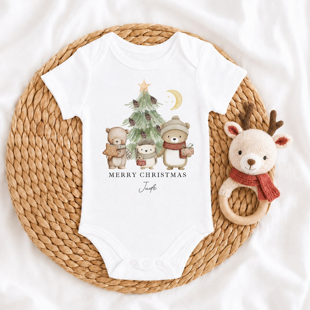 Personalised Woodland Animals Merry Christmas Baby Grow Or Vest