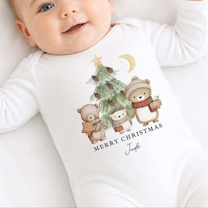 Personalised Woodland Animals Merry Christmas Baby Grow Or Vest