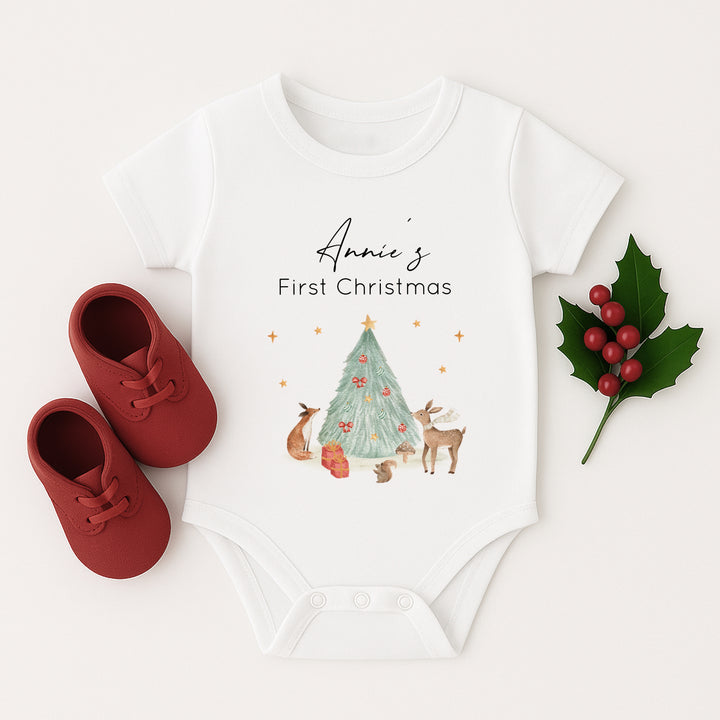 Personalised My First Christmas Woodland Baby Grow/Vest/Bib