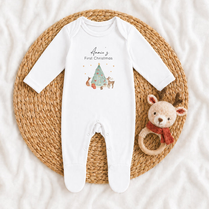 Personalised Woodland Scene My First Christmas Baby Grow, Vest or Bib