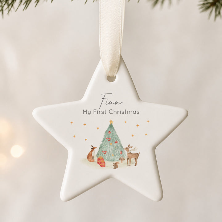 Personalised Woodlands Scene My First Christmas Star Bauble