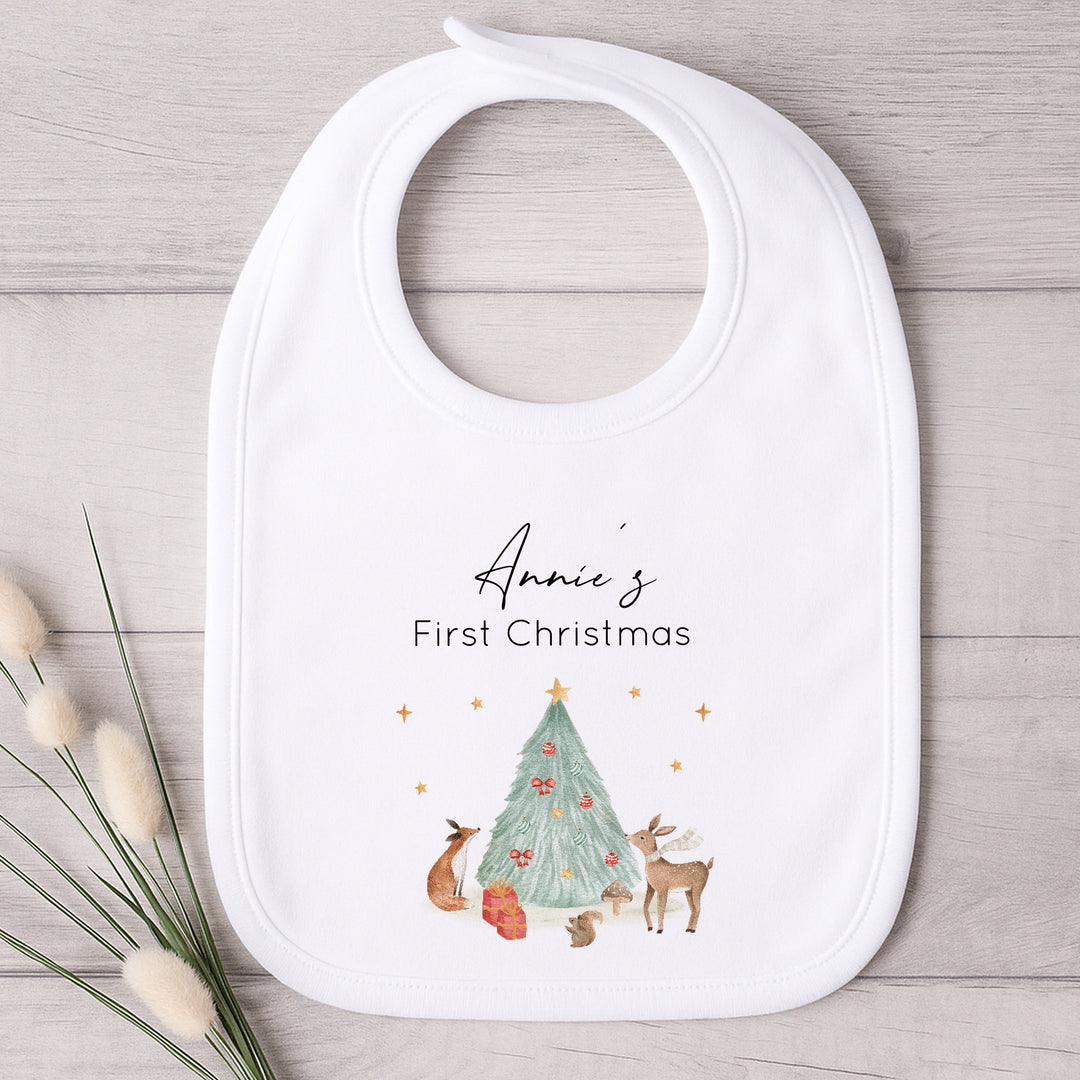 Personalised Woodland Scene My First Christmas Baby Grow, Vest or Bib