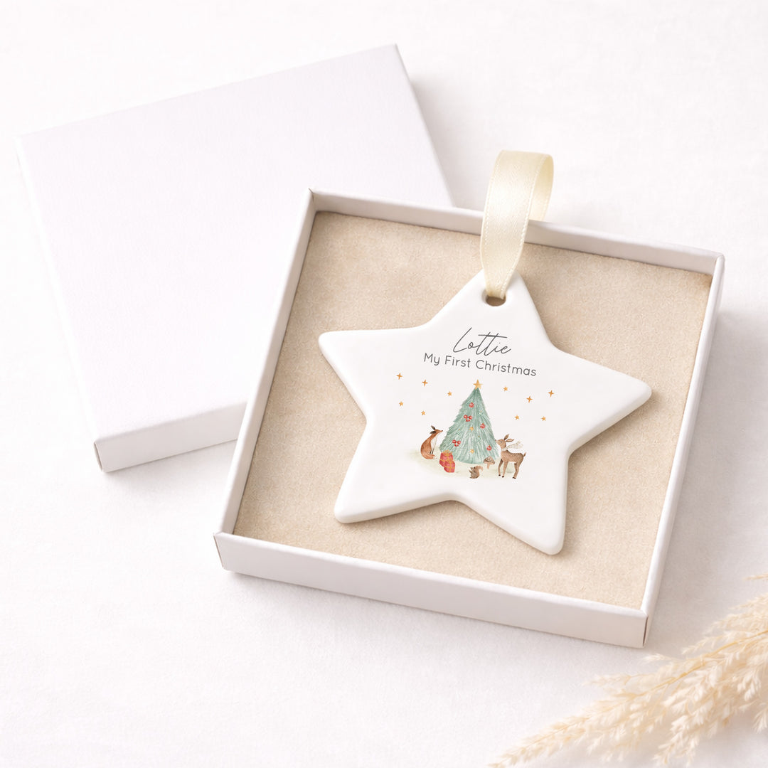 Personalised Woodlands Scene My First Christmas Star Bauble