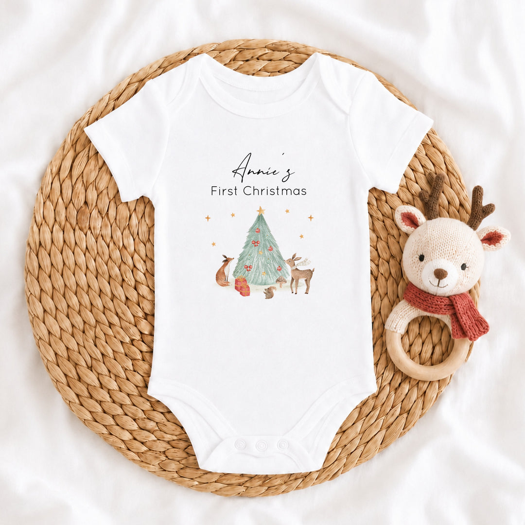 Personalised Woodland Scene My First Christmas Baby Grow, Vest or Bib