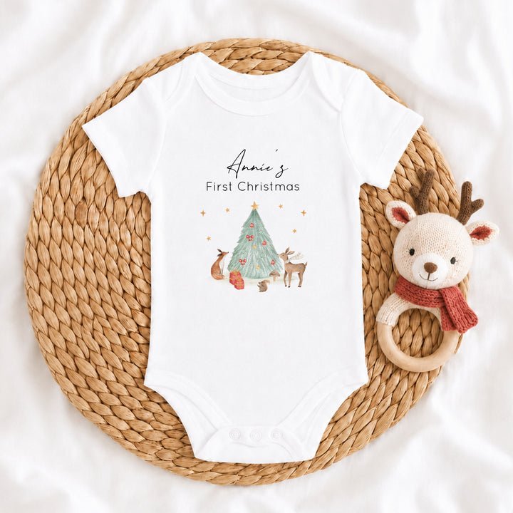 Personalised Woodland Scene My First Christmas Baby Grow, Vest or Bib