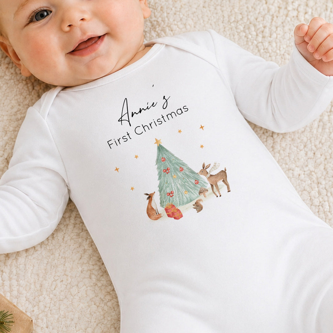 Personalised Woodland Scene My First Christmas Baby Grow, Vest or Bib